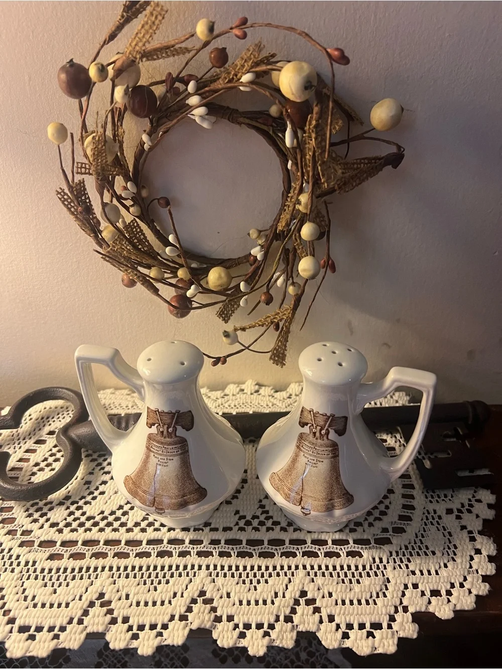 Ironstone Americana Liberty Bell brown off white salt & pepper shakers